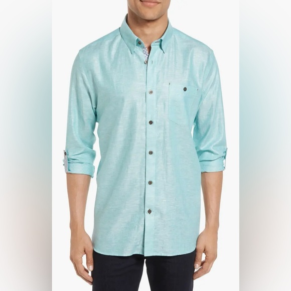 Ted Baker Laavno Linen Cotton Blend Button Shirt in Teal, size 6 or 2XL - Picture 1 of 16